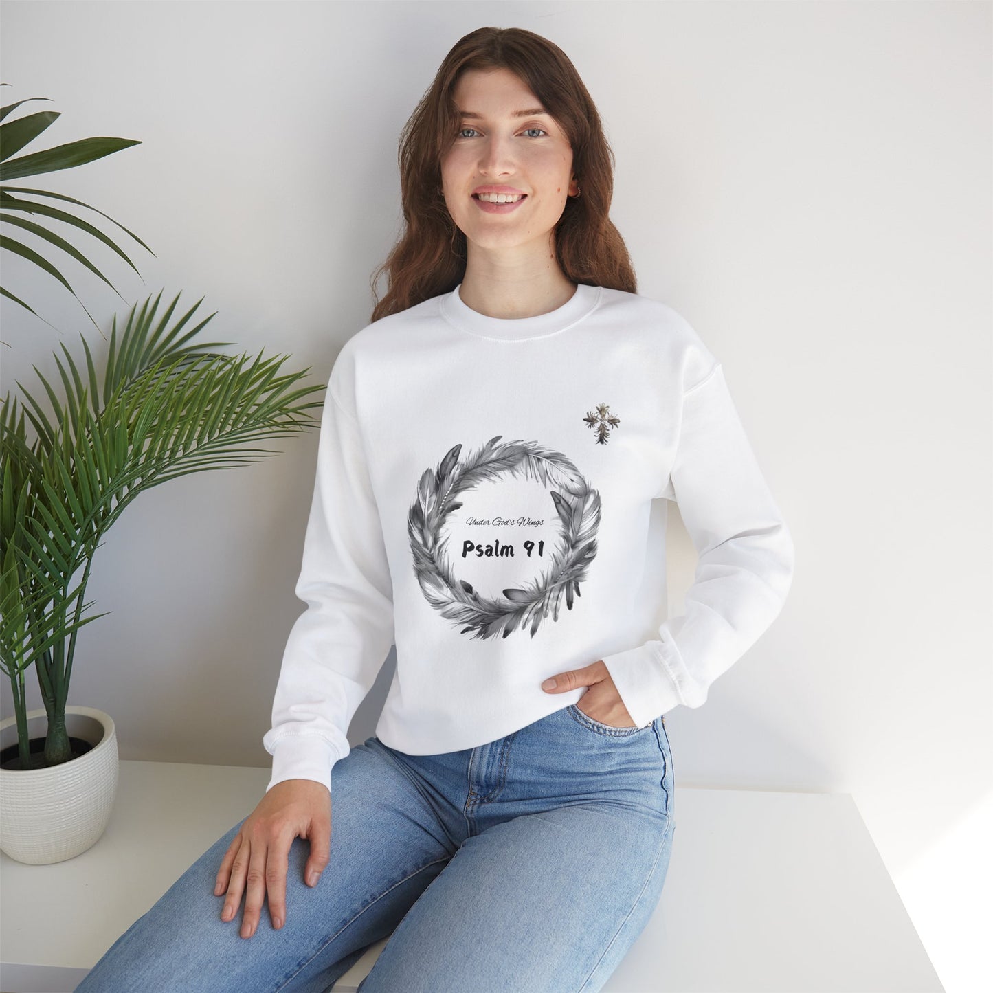 Psalm 91 Sweatshirt with feathers cross